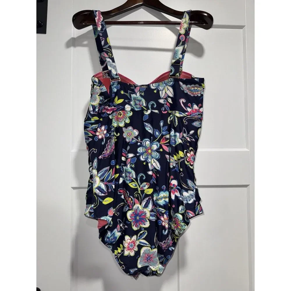 Anne Cole Twist Front 22W Bandeau Removable Straps 1PC Swimsuit Paisley Slimming
